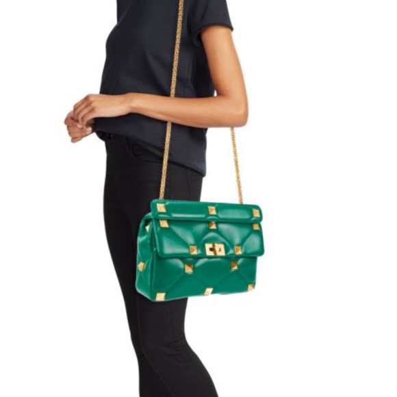 NWT VALENTINO GARAVANI Roman Rockstud Green Nappa Leather Satchel Crossbody Bag - Picture 2 of 11